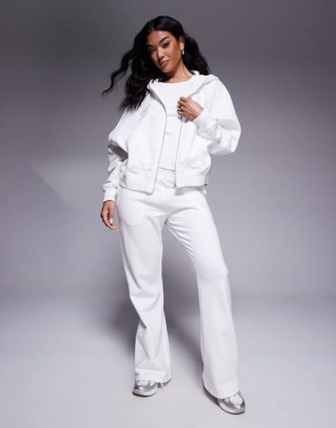 Conjunto blanco de joggers de pernera ancha y sudadera con capucha, cremallera y logo bordado de Kaiia - view 1