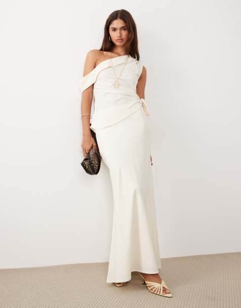 Conjunto blanco marfil de falda larga y top asimétrico con hombro descubierto Kallie de Bronze Snake - view 1