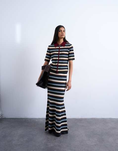 Conjunto burdeos a rayas de colores de falda y polo con cremallera de punto de Topshop - view 1