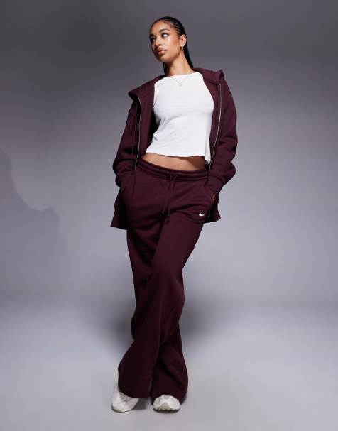 Conjunto burdeos de joggers de pernera ancha y sudadera extragrande con capucha y cremallera Phoenix Fleece de Nike - view 1