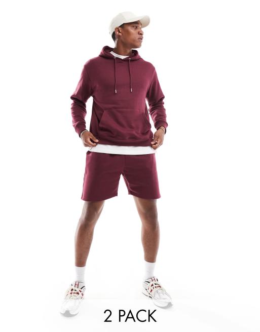 Conjunto burdeos de pantalones cortos y sudadera sin aberturas con capucha de punto liso de Don't Think Twice