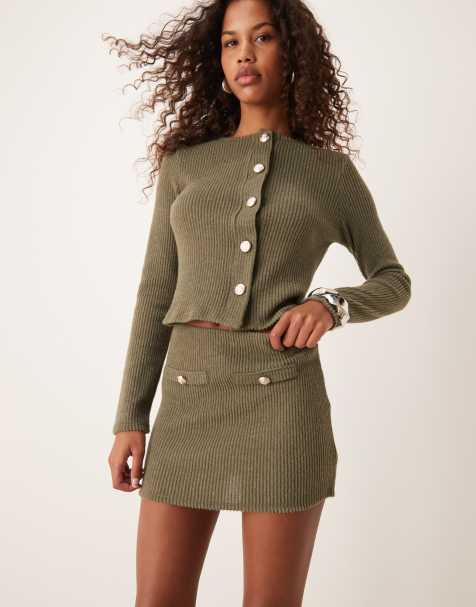 Conjunto caqui de minifalda y cárdigan de manga larga de canalé cepillado de ASOS DESIGN - view 1