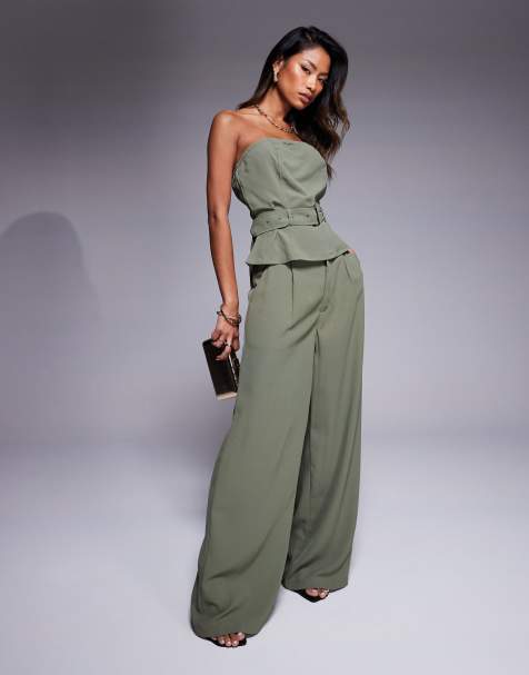 Conjunto caqui de pantalones y top corto con escote palabra de honor de In The Style x Natalya Wright - view 1