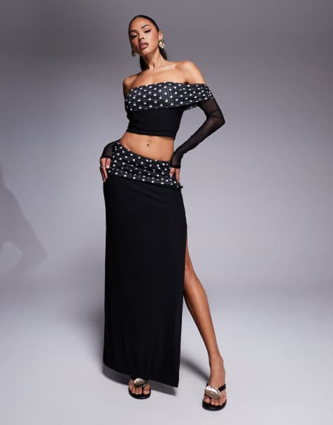 Conjunto ceñido de top de manga larga con escote Bardot plegado y diseño de lunares de tejido doble exclusivo de Kaiia - view 1