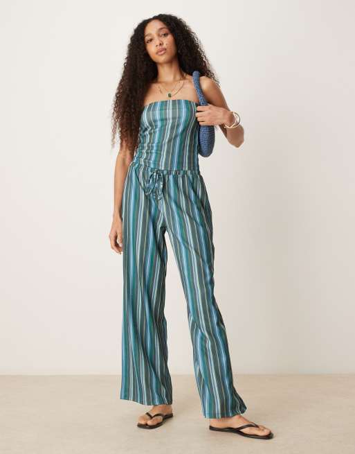 Conjunto color cerceta a rayas de pantalones y top con escote palabra de honor de tejido texturizado de ASOS DESIGN