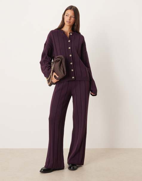 Conjunto color ciruela de cárdigan y pantalones de punto de algodón de ASOS DESIGN - view 1