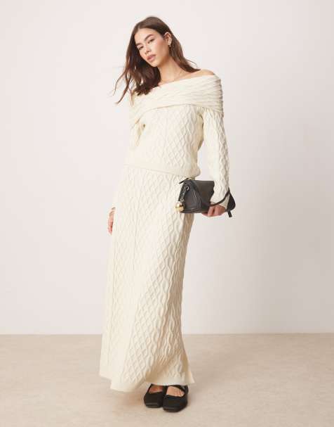 Conjunto color crema de falda larga y jersey con escote Bardot de punto de ochos de ASOS DESIGN - view 1