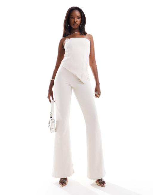 Conjunto color crema de pantalones de campana y top con escote palabra de honor de canalé de ASOS DESIGN
