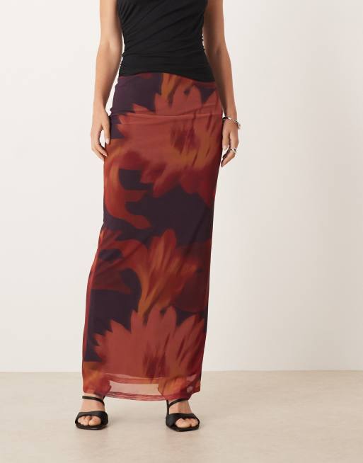 Conjunto color higo de falda y top con estampado floral, cuello subido y lateral fruncido de malla de ASOS DESIGN