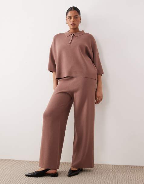 Conjunto color nuez moscada de pantalones de pernera ancha y polo de corte cuadrado con tapeta oculta de ASOS DESIGN Curve - view 1