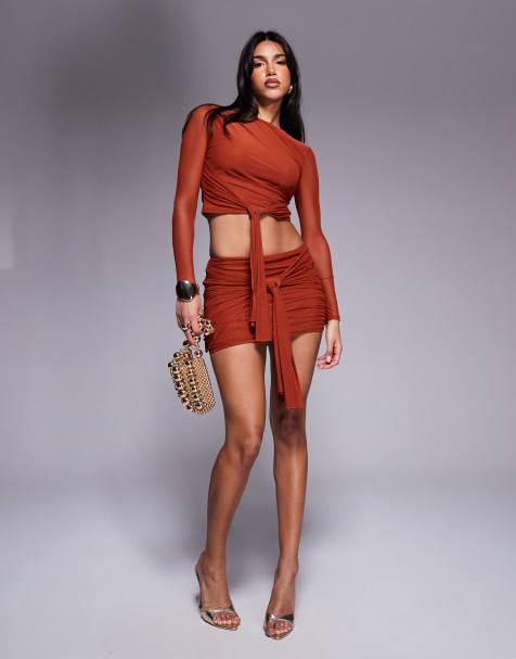 Conjunto color óxido de minifalda y top con diseño drapeado fruncido de malla de ASOS DESIGN - view 1