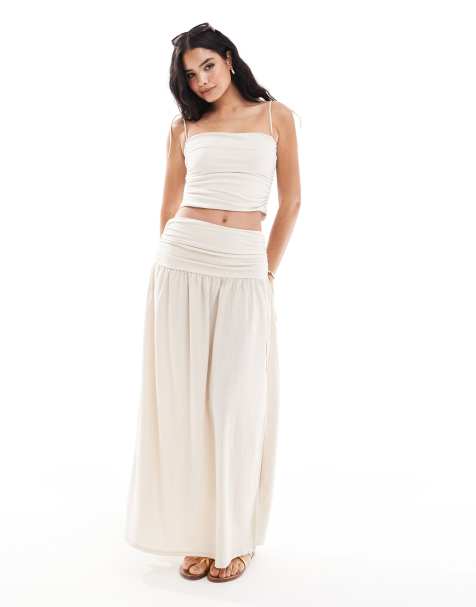 Conjunto color piedra de falda larga y top de tirantes con lateral fruncido de tejido texturizado de ASOS DESIGN - view 1