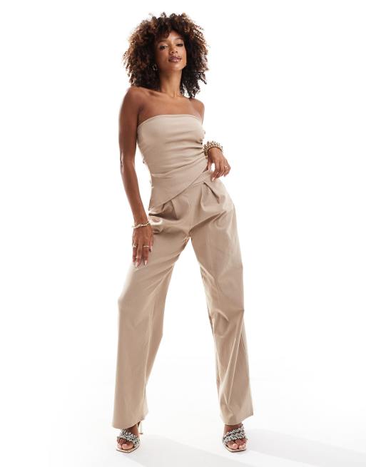 Conjunto color piedra de pantalones de pernera ancha y top fruncido con escote palabra de honor y raya diplomática de ASOS DESIGN