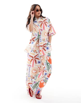Conjunto de camisa extragrande de manga corta y pantalones de pernera ancha sin cierres con estampado de cactus de lino de ASOS DESIGN - view 1