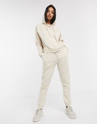 Conjunto de chándal color crema de sudadera con capucha y joggers de corte slim con lazada de algodón de ASOS DESIGN - CREAM