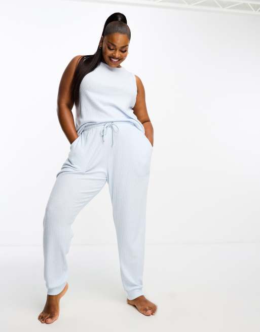 Conjunto de estar por casa azul de joggers y camiseta extragrande sin mangas de canalé supersuave de ASOS DESIGN Curve