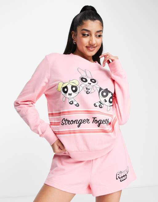 Conjunto de estar por casa rosa de sudadera y pantalones cortos con estampado de