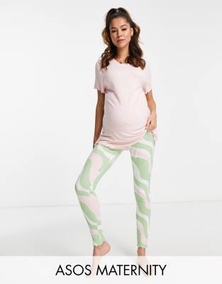 Conjunto de estar por casa rosa, verde y blanco de camiseta y leggings con estampado de remolinos de tejido muy suave de ASOS DESIGN Maternity