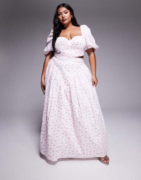 Conjunto de falda larga con lazo en la pare posterior y top con mangas abullonadas y estampado de florecitas de algodón satinado de ASOS LUXE Curve - view 1