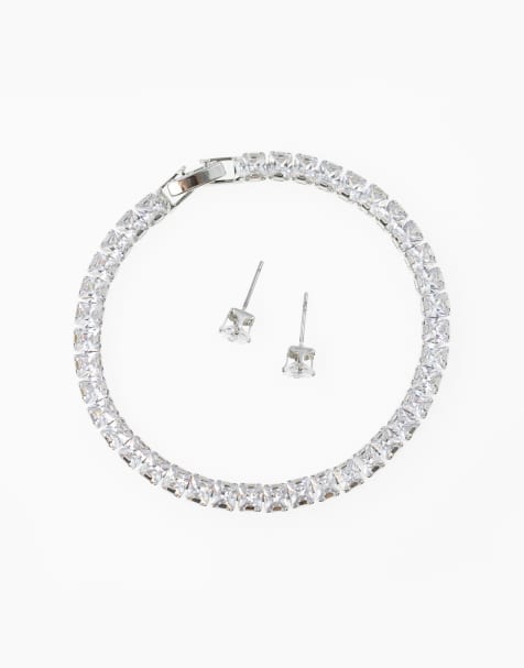 Conjunto de pendientes y pulsera plateados de rodio con diamantes de imitación de talla cuadrada de Lovisa - view 1