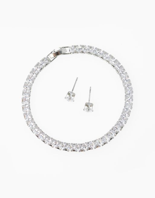 Conjunto de pendientes y pulsera plateados de rodio con diamantes de imitación de talla cuadrada de Lovisa