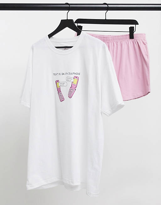 Conjunto de pijama blanco y rosa de shorts y camiseta con eslogan y estampado de Heartbreak