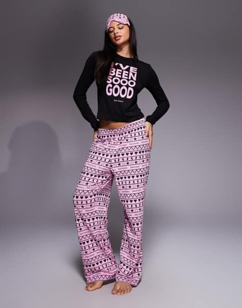 Conjunto de pijama y antifaz rosa y negro con logo y estampado "I've Been So Good" de Navidad de Juicy Couture - view 1