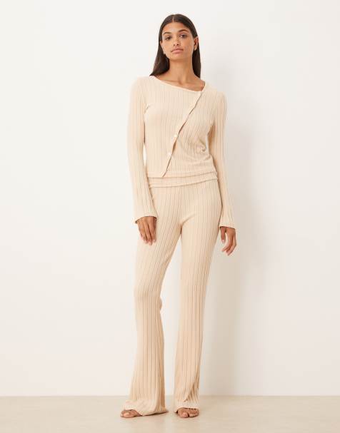 Conjunto de ropa de estar por casa color piedra de canalé ancho de ASOS DESIGN - view 1