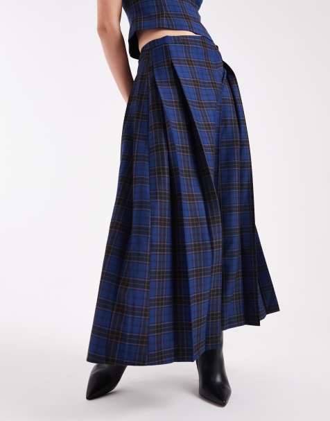 Conjunto de sastre azul a cuadros de top con escote palabra de honor, falda midi y pantalones de corte barrel de ASOS DESIGN - view 1