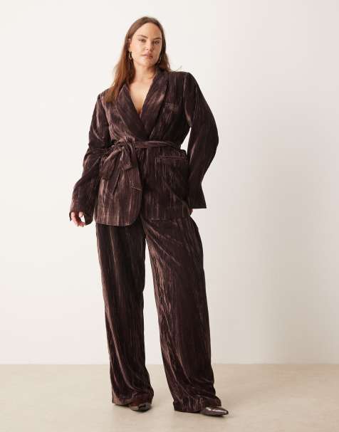 Conjunto de sastre marrón chocolate de americana, falda pantalón y pantalones de terciopelo de ASOS DESIGN Curve - view 1