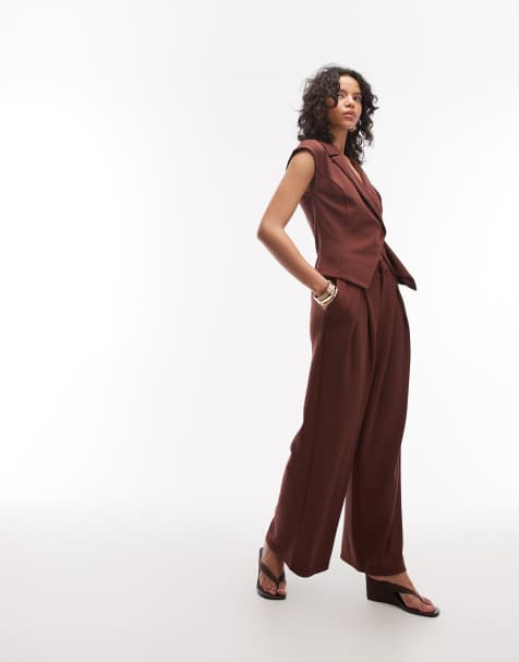 Conjunto de sastre marrón chocolate de pantalones de pernera ancha con pinzas y chaleco de sarga de ASOS DESIGN - view 1