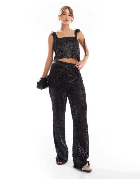 Conjunto de sastre negro de pantalones y top con cuentas premium de ASOS DESIGN - view 1