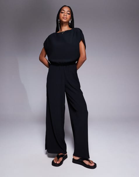 Conjunto de sastre negro de top con cuello subido y pantalones de pernera ancha de tejido texturizado efecto rugoso de ASOS DESIGN - view 1