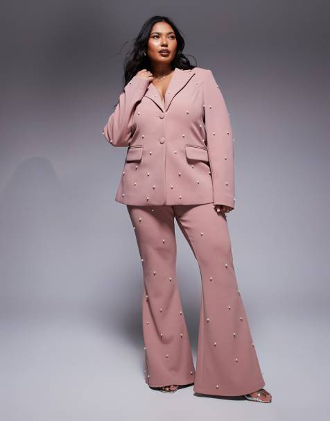 Conjunto de sastre rosa empolvado de americana y pantalones con adornos de perlas de ASOS LUXE Curve - view 1