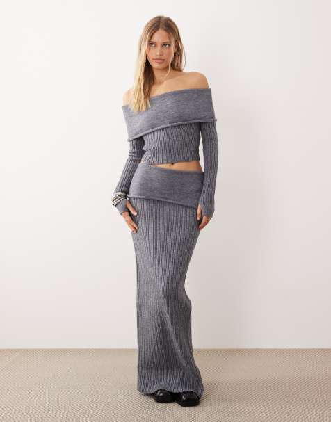 Conjunto gris carbón de falda larga y jersey con escote Bardot plegado de canalé Mollie de Wanderdoll - view 1