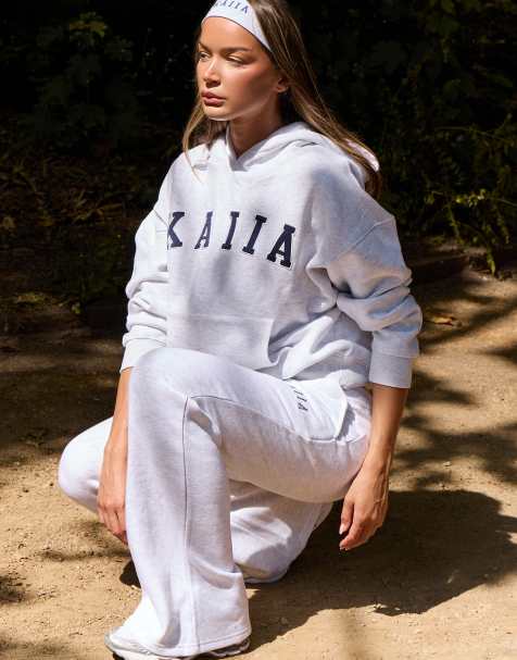 Conjunto gris jaspeado de sudadera extragrande con capucha, joggers de pernera ancha con bajos ajustados y pantalones cortos Mix & Match de Kaiia - view 1