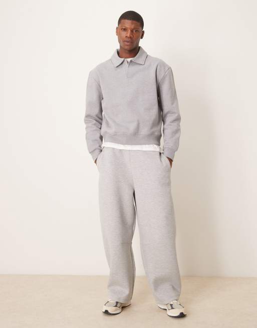 Conjunto gris jaspeado de sudadera extragrande con cuello tipo polo y pantalones cortos de corte alargado de tejido grueso de ASOS DESIGN