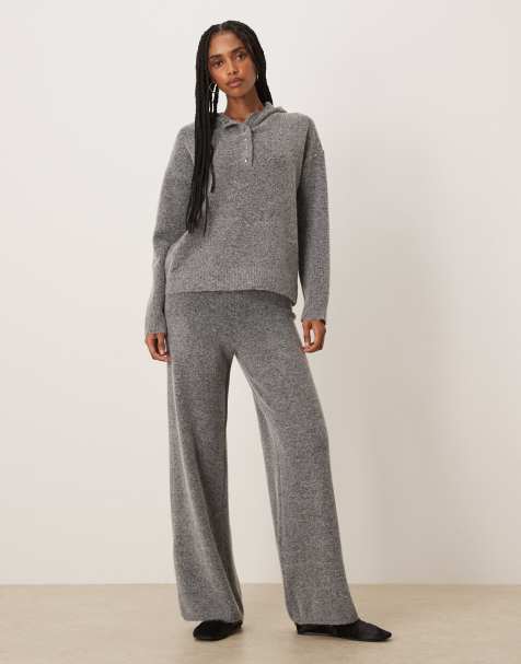 Conjunto gris medio jaspeado de pantalones de pernera ancha y sudadera con capucha de punto de VILA - view 1