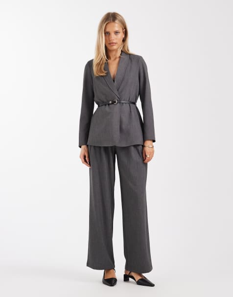 Conjunto gris oscuro jaspeado de pantalones de pernera ancha y americana de corte suelto con cinturón de Vero Moda - view 1