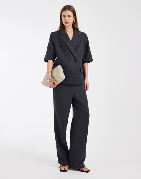 Conjunto gris oscuro jaspeado de pantalones de pernera ancha y americana extragrande de manga corta de Vero Moda - view 1