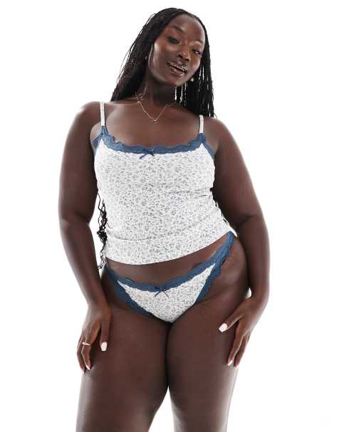 Conjunto gris y azul marino con estampado de florecitas de braguitas y top de tirantes de canalé Cassie de ASOS DESIGN Curve - view 1