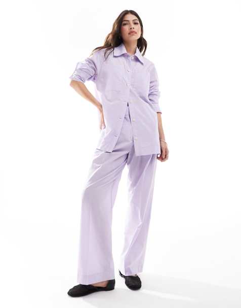 Conjunto lila de pantalones y camisa a rayas extragrande de Mango - view 1