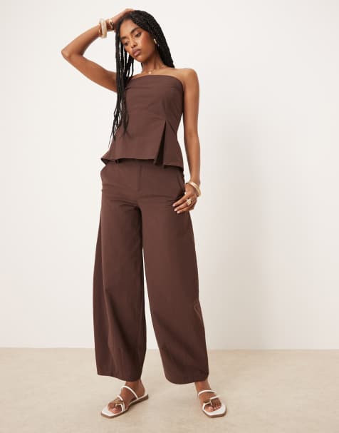 Conjunto marrón chocolate de pantalones y top con escote palabra de honor y cintura entallada de mezcla de lino de ASOS DESIGN - view 1