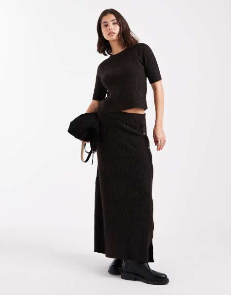 Conjunto marrón chocolate jaspeado de falda larga y top de manga corta de punto acanalado de Vero Moda - view 1