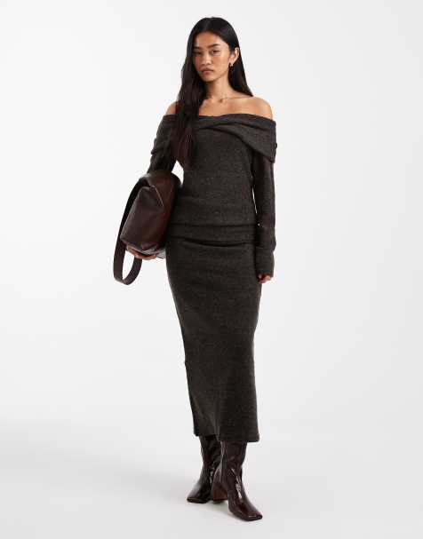 Conjunto marrón chocolate melange de top de manga larga con escote Bardot y falda midi con cinturilla plegada de tejido suave de Vero Moda - view 1