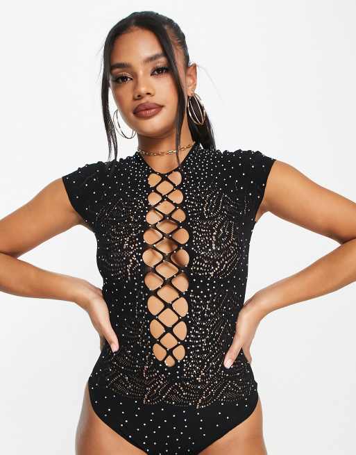 Conjunto negro de body y falda sin costuras con strass de ASOS DESIGN, 3 de 4