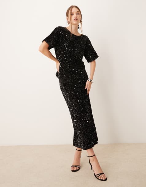 Conjunto negro de camiseta y falda larga de velour y lentejuelas de VILA - view 1