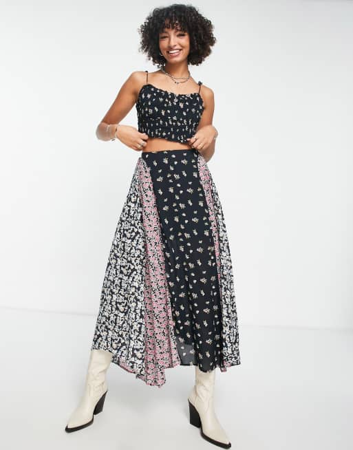 Conjunto negro de falda larga con diseño estampado dividido Kaia de Free People