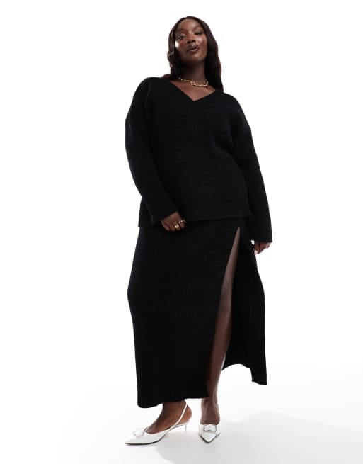 Conjunto negro de falda larga y jersey extragrande con cuello de pico de canalé 4th & Reckless Plus