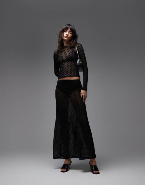 Conjunto negro de falda larga y top de manga larga con estampado de lunares de malla transparente de ASOS DESIGN - view 1
